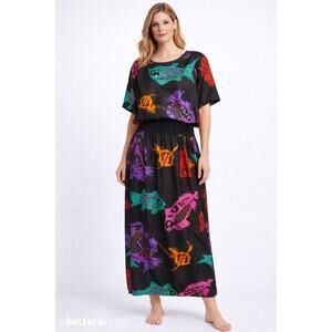 St. Tropez Wear 100% Silk Fish Print two pieceSkirt & Top Black Neon Vtg Sz 6